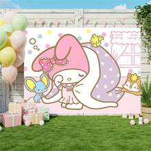 1件装三丽鸥Hello Kitty和朋友们背景布 | 可爱粉彩主题，多功能可折叠，方便携带，适用于家居和户外装饰，聚酯纤维 - 彩色 - 查看 4