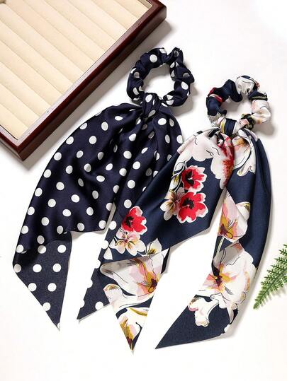 2pcs Navy Blue Satin Polka Dot Floral Printed Triangular Scarf, Casual Bohemian Vintage Palace Style, Polyester, Suitable For All Seasons