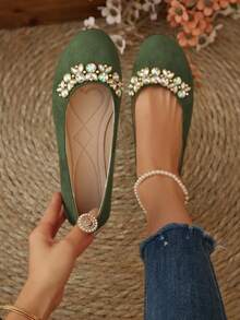 Women's Spring Rhinestone Casual Flat Loafers, Comfortable Breathable Slip-On Boat Shoes For Office Wear - Green - View 2