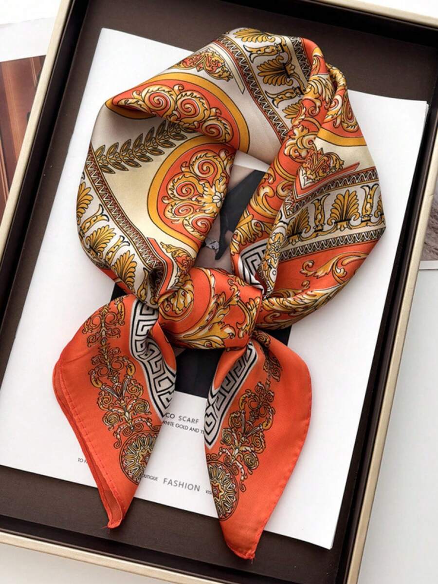 1条方形真丝围巾，女士缎面印花发带，头巾，时尚女士领巾，披肩，围巾，头巾，服装配饰 - 橘色 - 查看 1