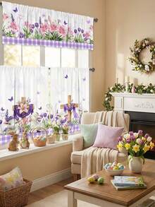 1/2/3 piezas - Cenefa de ventana a cuadros de Pascua, cortina corta con estampado floral de huevos de conejo, cenefa de estilo campestre de Pascua, decoración de ventana de poliéster para cocina y dormitorio - Ver 6