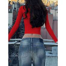 Vaiaye Women's Spring-Summer Sexy Fitted Long Sleeve Knit Top, Solid Color Square Neck T-Shirt, Casual & Versatile,Minimalist Casual Daily Wear - 紅色 - 查看 10