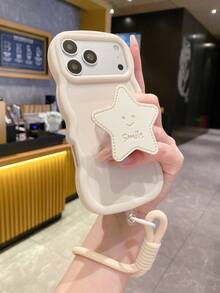 Asymmetrical DIY Leather Star Folding Stand With White Braided Lanyard, White Macaron Anti-Drop Phone Case Compatible With IPhone 17, 16, 15, 14, 13 And S26, S25, S24, Honor 400Lite, 200Pro, A5, X9, X8, X6, 9X, Smart 6/7/8/9/10, 14T, 15T Pro - White - View 2