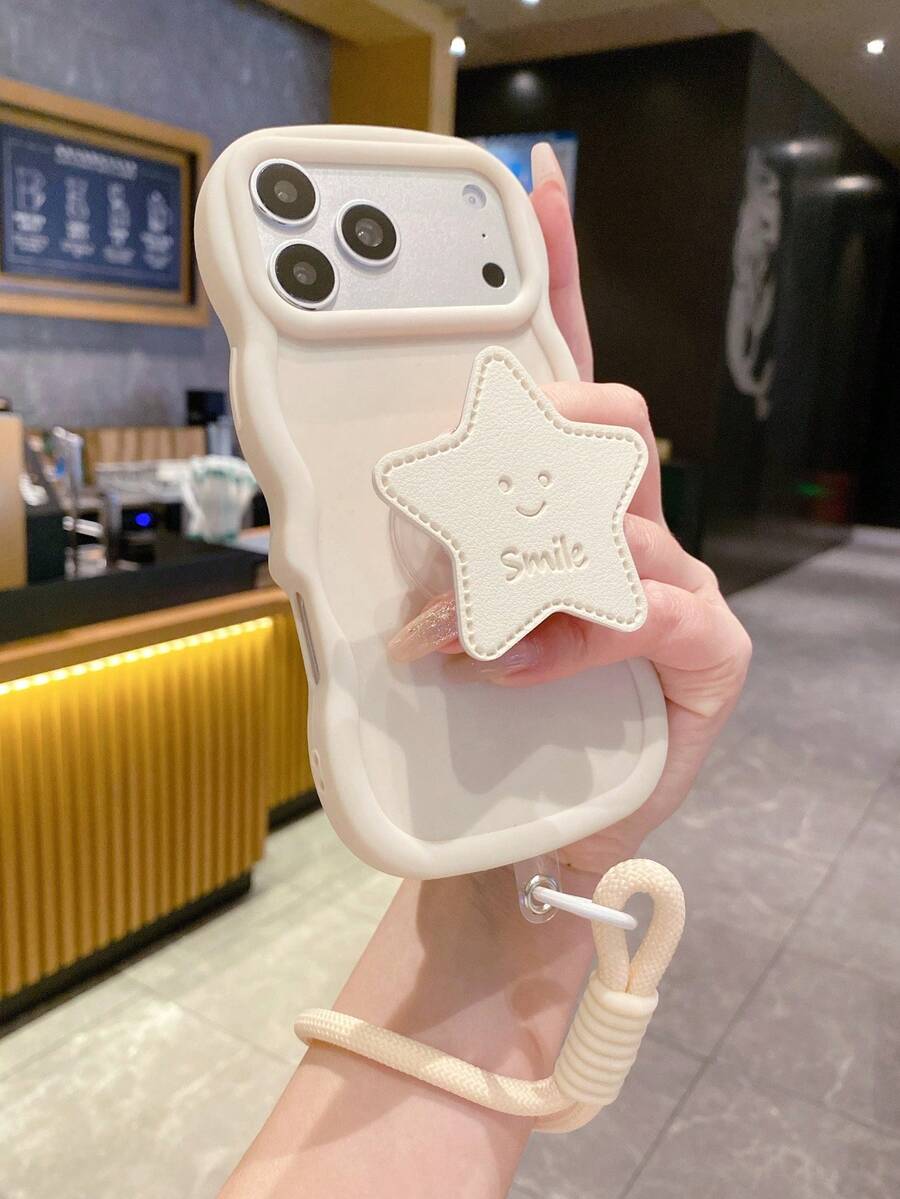 Asymmetrical DIY Leather Star Folding Stand With White Braided Lanyard, White Macaron Anti-Drop Phone Case Compatible With IPhone 17, 16, 15, 14, 13 And S26, S25, S24, Honor 400Lite, 200Pro, A5, X9, X8, X6, 9X, Smart 6/7/8/9/10, 14T, 15T Pro
