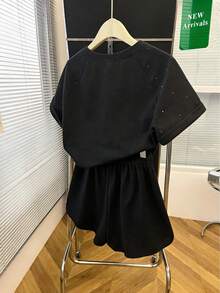 Conjunto de camiseta de manga corta y pantalones cortos de mujer HESSEN de alta calidad, versátil, casual, holgado, de unicolor con decoración de rhinestones, cuello redondo, para verano - Negro - Ver 6