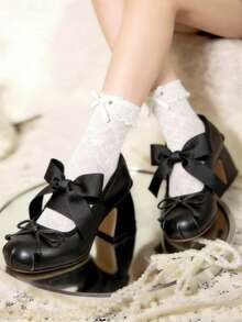 Elegant Cute Womens Ballet High Heels Round Toe Bow Decors Lace Up Block Heel Ballerina Dancing Shoes Party Dressy Occasions Heeled Shoes - 黑色 - 查看 1