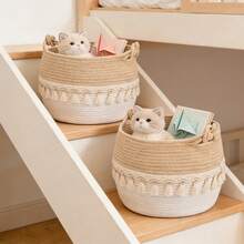 Decorative Rope Basket Boho Nursery Decor Small Cute Woven Tassel Closet Storage Bins Organizer For Toys, Shower, Gift Basket, Round Indoor Tree Pot Cover - Multicolor - View 7