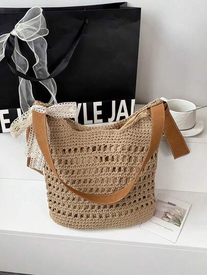 1个夏季新款镂空编织手提包，大容量复古单肩斜挎腋下包，适合海滩旅行度假和日常使用，送给妈妈的礼物