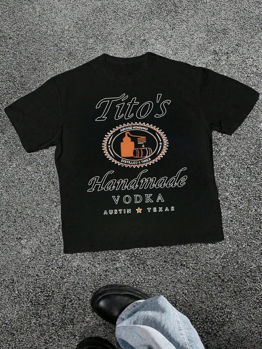 Men's Tito's Vodka AwardWinning Graphic Print T Shirt Austin Texas 100% Cotton Tee Distilled & Times Handmade Style Casual Short Sleeve T Shirt - 黑色 - 查看 1