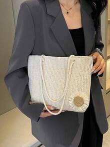 米色编织手提包，饰以花卉图案，休闲风格，适合办公室、海滩等场合。 - 米色 - 查看 3