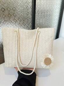 米色编织手提包，饰以花卉图案，休闲风格，适合办公室、海滩等场合。 - 米色 - 查看 6