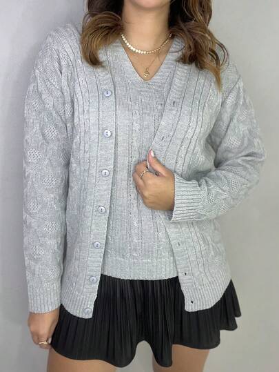 Conjunto Casaco e Blusa Twinset Tramas Tricot Moda Luxo Malha Decote em V Inverno Plus Size M ao GG