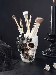 1pc Gothic Retro Butterfly Skull Shaped Decorative Storage Pen Holder, Antique Style Resin Butterfly Skull Decor, Desktop Organizer, Home Decor For Halloween, Suitable For Bookshelf, Vanity, All Season Halloween Decor Fall Decor Room Decor - Multicolor - View 2