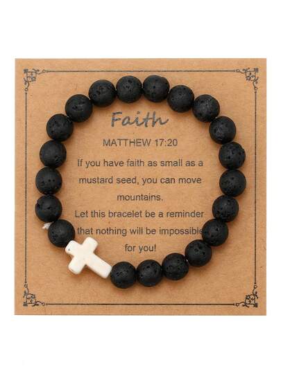 1 سوار صليب للنساء والرجال - سوار شفاء بلورات طبيعية 8 مم من الأحجار الكريمة نصف الثمينة خرز مطاطي سوار ديني هدية للمسيحيين مع بطاقة الصلاة