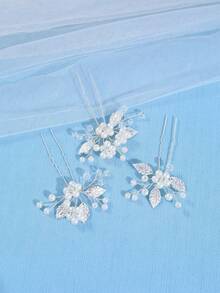 3pcs Silver Elegant Crystal Leaf Hair Clips, Bridal Wedding Hair Accessories - Silver - View 3