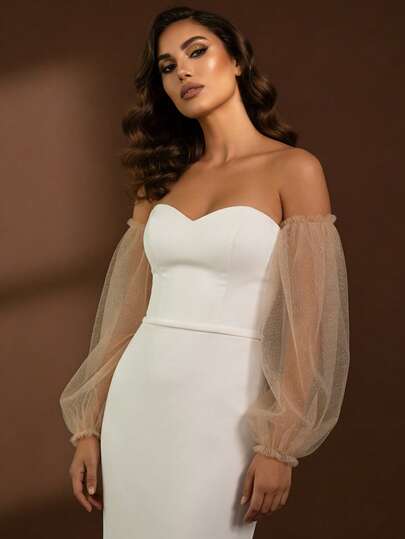 1 Pair Starry Glitter Tulle Arm Sleeves, Suitable For Bride's Wedding, Women's Party Dress, Vacation Travel, Decorative Loose Long Sleeve Gloves, Wedding Dress Accessories