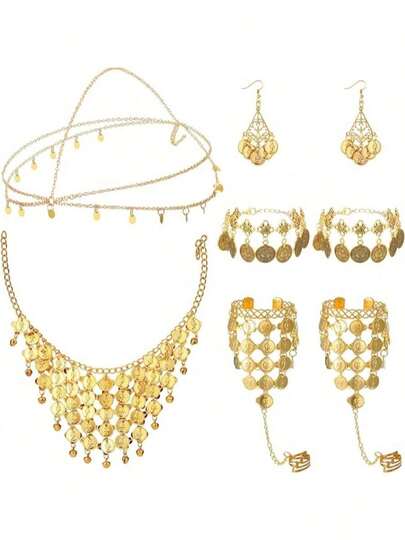 Conjunto de 8 piezas de joyería de danza del vientre para mujer, incluye: cadena para la cabeza con lentejuelas doradas, collar de monedas, aretes, pulseras, tobillera con borlas estilo bohemio, pulsera de mano, collar de velo con monedas, tocado, accesorios, accesorios para el cabello
