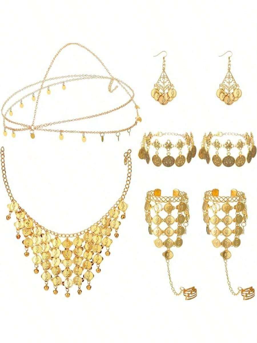 8件套肚皮舞首饰套装，女士肚皮舞金色亮片头链、硬币项链、耳环、手链、波西米亚流苏脚链、手镯、脚链、硬币面纱项链、头饰、配饰 - 金色 - 查看 1