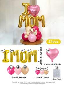 21pcs/Set "I Love Mom" Decorative Balloon Set (4 Sweet Styles), 16-Inch Letter Foil Balloons (Gold/Rose Gold/Silver/Pink) Suitable For Mother's Birthday, Wife's Birthday Decoration Props - View 11