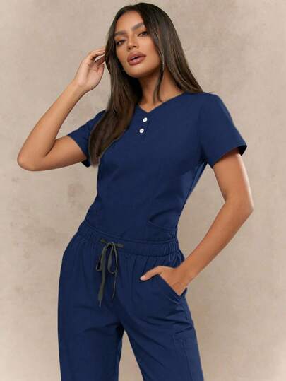 V-Neck Short Sleeve Solid Color Set, Fashionable Commuter Comfortable Scrub Nurse Uniform, Women's Casual Running 2-Piece Outfit