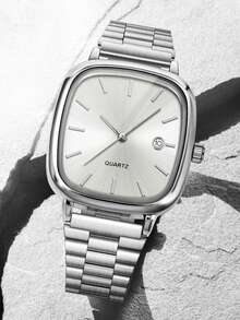 3PCS Luxury Business Men's Watch Set, Part Of A Stylish Men's Collection, Includes A Square White Dial Minimalist Quartz Watch With A Silver Stainless Steel Band That Has A Smooth Texture, A Black Diamond-Patterned Leather Wallet, And A Metal Pen. The Design Is Sharp And Exquisite, Exuding A Calm And Sophisticated Style. - Silver - View 3