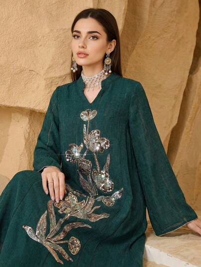 Women's V-Neck Solid Color Elegant Long Sleeve Maxi Dress With Embroidered Flowers And Beads, Suitable For Various Occasions: Banquet, Party, Daily Wear