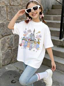 Summer Tops,Flower Disneyland   Land Graphic Tee, Perfect For Cute Girls. Teen Girl Gift,Comfortable And Breathable Children's Short-Sleeved T-Shirt. 180g Pure Cotton Children's Clothes,Suitable For Both Boys And Girls.Suitable For Daily Wear, Vacations, Outdoor Activities, And As A Children's Gift. - White - View 2