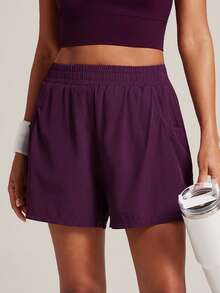 VUTRU 1pc Elastic Waist Shorts With Pockets, Lightweight For Yoga Studio & Fitness Sports - Bold Plum - View 4