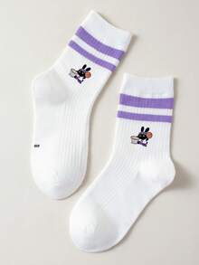 1 Pair Children's Solid Color Parallel Bar Socks, Purple, Student Socks With Rabbit & Basketball Graphic, Minimalist Casual Suitable For Holidays - Multicolor - View 8