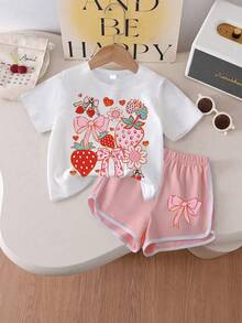 2-Piece Girls' Sweet Style Strawberry Printed Short-Sleeve T-Shirt + Shorts Set, Soft Fabric Summer Casual Wear Tween Girl Outfit - 白色 - 查看 1