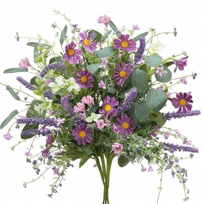 2 Bunches Artificial Spring Wildflowers Bouquet Includes Lavender & Purple Daisy, Faux Floral Decor For Home, Table, Kitchen