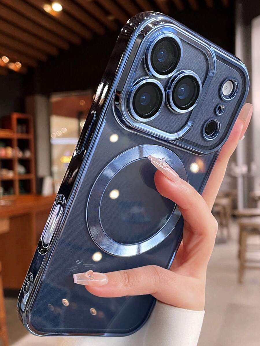 1件極簡電鍍透明無線充電手機殼,相容 iPhone 18 Pro Max 17 AIR 16 15 14 13 12 11 Pro Max Plus X XS XR 7 8,電鍍相機鏡頭 TPU 保護殼 - 深藍 - 查看 1