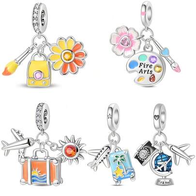 1. 镀银旅行系列 - 飞机行李帆布毛笔吊坠，适用于3mm原装手链项链DIY串珠装饰，女士日常礼物，生日派对节日礼物