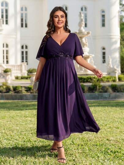 EVERPRETTY Elegant Chiffon Lace Deep Purple Bridesmaid Dress, Summer Wedding Guest Outfit, Mother's Day Outfit For Bride's Mother, Wedding Dresses For Bridal, Formal Dresses For Special Occasion Spring