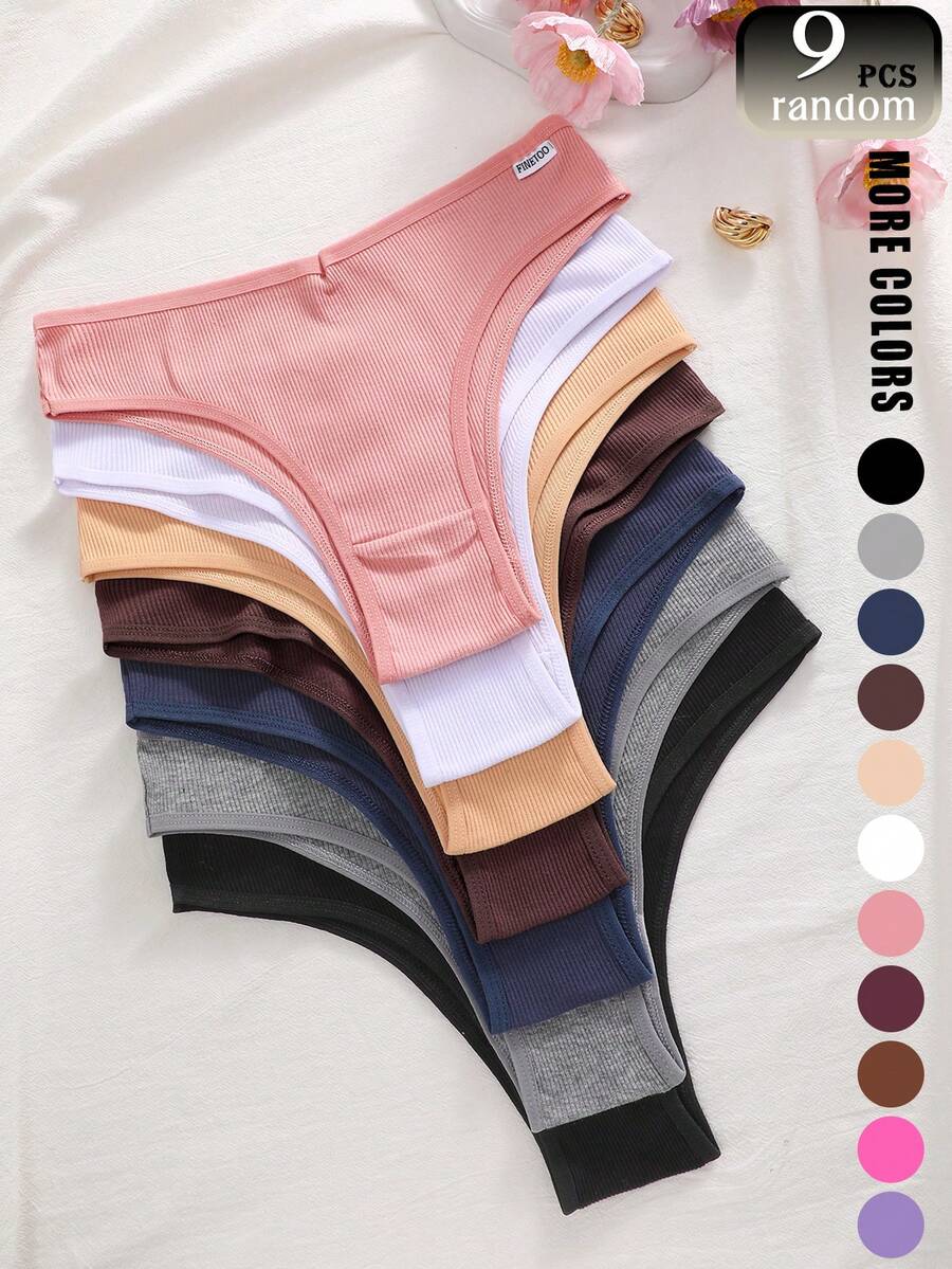 Random 9 Pcs Cotton Casual-Comfy Casual-Sporty Plain Mid Rise Brief Panties For Women - 彩色 - 查看 1