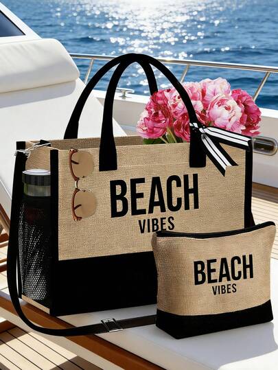 女士沙滩手提包 - 帆布沙滩包 | 大容量旅行手提包，适合假日、度假、周末短途旅行 | 完美适用于婚礼、生日、假日等场合