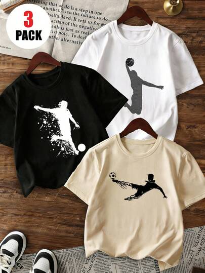 3pcs/Set Tween Boys Casual Printed Round Neck Short Sleeve T-Shirts, Summer Tops