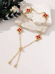 1 pieza Tobillera ajustable con diseño minimalista de flor geométrica, trébol y estilo punk gótico con efecto de goteo metálico, adecuada para uso diario, salidas y vacaciones en la playa - Rojo - Ver 5