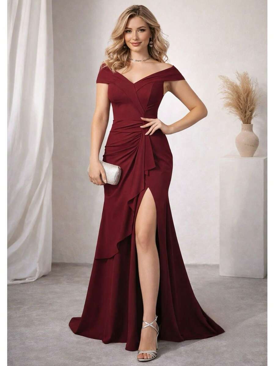 Bridesmaid Dress Guests Promotion Olive Green Fuchsia Black Lilac Terracotta Emerald Royal Red Marsala Navy Dull - Gỗ đỏ - Xem 1