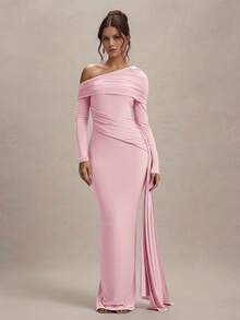 Elegant Solid Color Asymmetric Neck Ruched Formal Dress, Suitable For Wedding, Formal Dinner Party - Pink - View 1