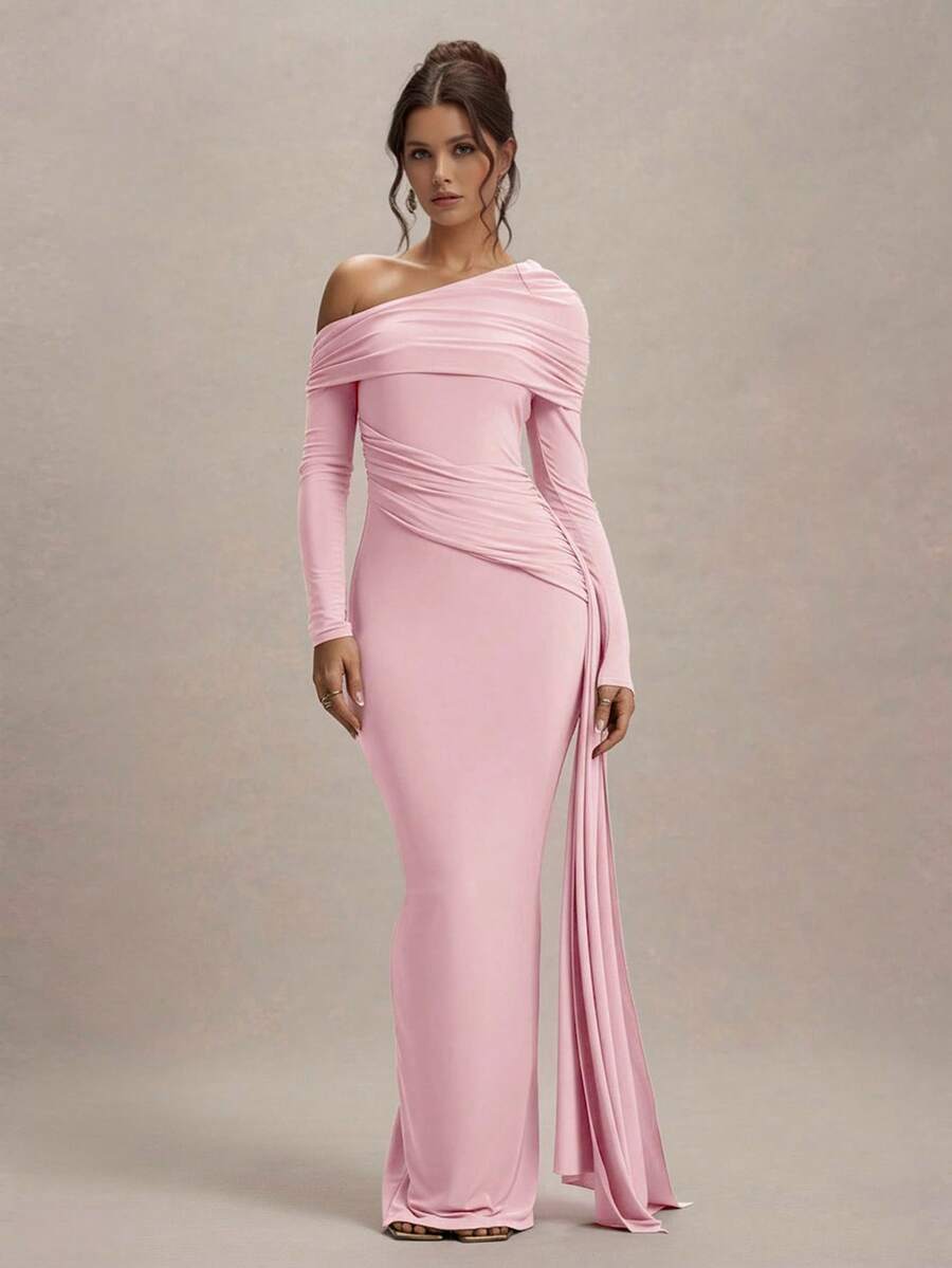 Elegant Solid Color Asymmetric Neck Ruched Formal Dress, Suitable For Wedding, Formal Dinner Party - Pink - View 1