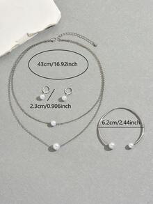 1 Set Women's Silver Faux Pearl Design Necklace + Bracelet + Earrings Jewelry Set, Suitable For Daily Wear - Silver - View 4
