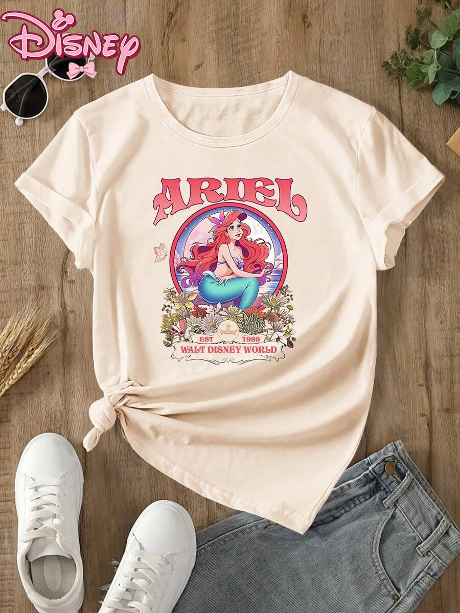 Disney Women's T-Shirt,Disney Ladies T-Shirt Featuring Classic Disney ARIEL Princesses Patterns, Made Of Soft, Comfortable And Durable Fabric. A Spring/Summer Round-Neck Short-Sleeved T-Shirt, Suitable For Daily Wear, Shopping,St. Patrick's Day, Traveling And Party Outfits. Also A Wonderful Gift,Multiple Colors Are Available For Selection. - Apricot - View 1