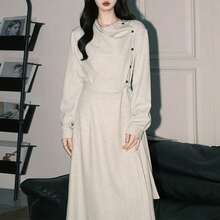 Nuevo vestido largo francés con cinturón de color albaricoque manga larga ajustable para mujer estilo artístico y popular vestido A línea para rezar - Blanco grisáceo [Versión gruesa] - Ver 4