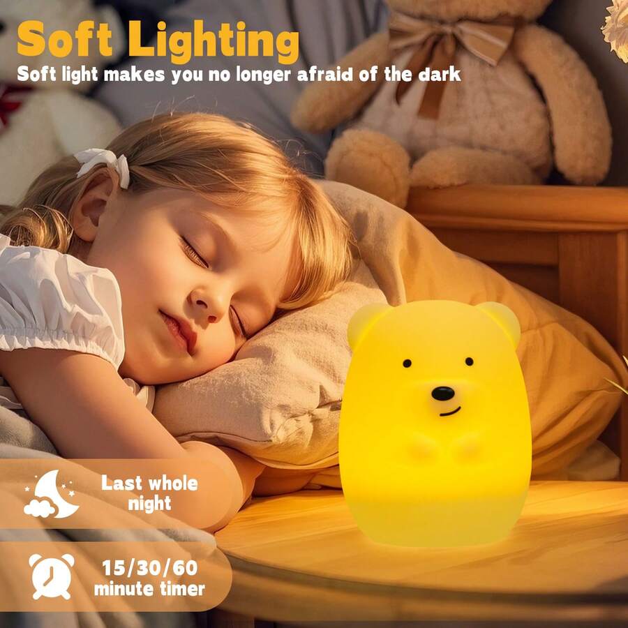 儿童夜灯，LED夜灯，小熊儿童灯，便携式LED可充电婴儿幼儿卧室夜灯，硅胶兔子可调光婴儿房夜灯，护眼，亮度及颜色可调，定时设置，触摸控制及遥控，可爱房间装饰，可爱礼物
