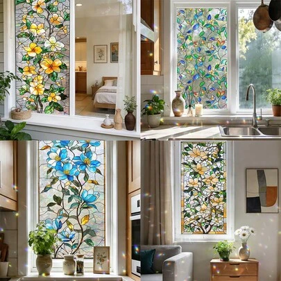 1/5 Peças Película Colorida de Vidro Manchado, Adesivo Decorativo de Privacidade com Padrão Arco-íris, Decalque Removível Caça-sol para Casa, Cozinha, Sala de Estar