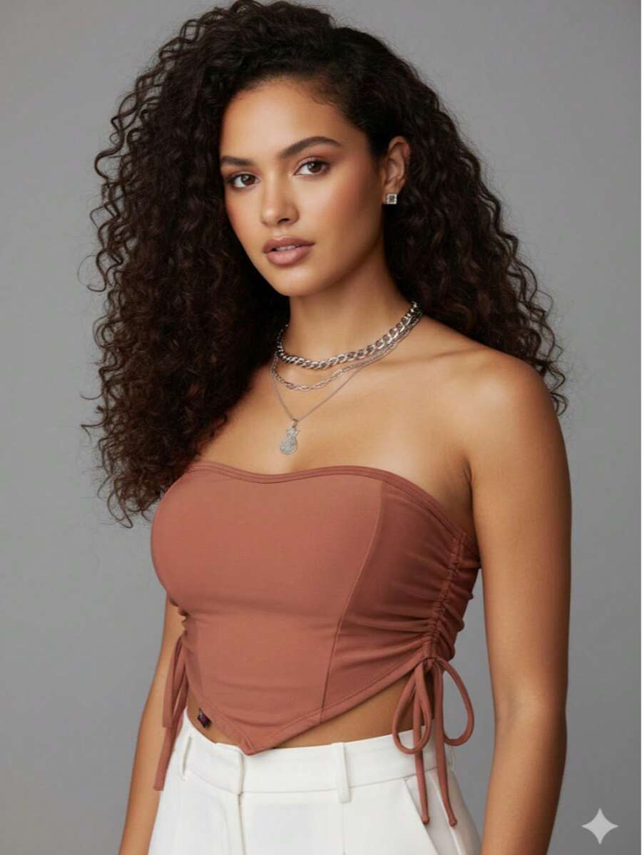 Women's Cropped Top With Band And Tie With Suplex Cup Strapless Blogueirinha One Size - Fits Sizes 36 To 42 - 鏽棕色 - 查看 1