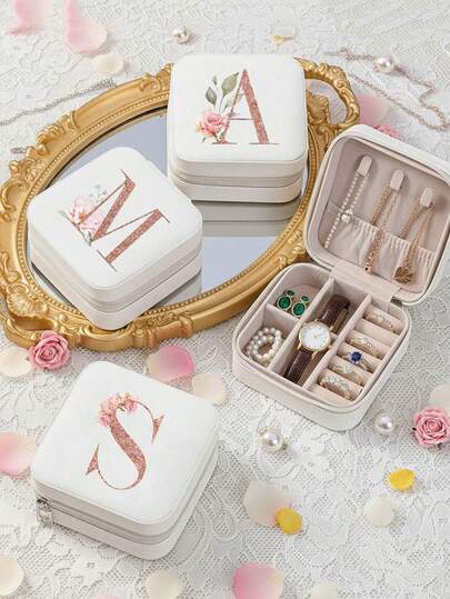 1pc Pink Alphabet Jewelry Box, Mother's Day & Valentine's Day Gift, Women's A-Z Name Printed Organizer Box, Large Capacity Multi-Layer Portable Travel Case, Luxury PU Leather Mini Flip-Top Storage Box, Gift For Mom And Girlfriend , Room Decor