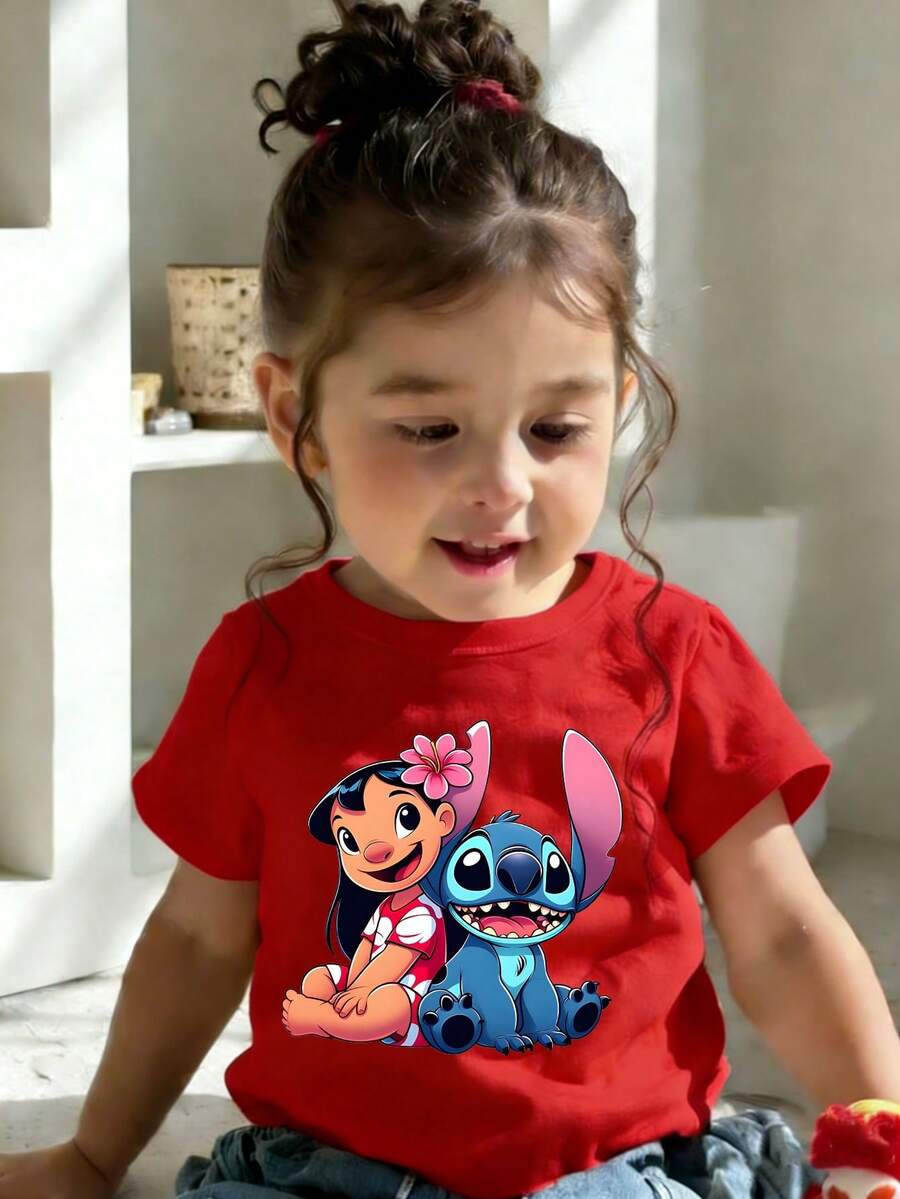 Unisex Baby's Disney Lilo & Stitch Print Casual Short-Sleeved Crewneck T-Shirt And Shorts Set, Perfect For Summer Wear. - 紅色 - 查看 1