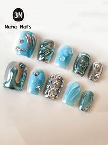 10 adesivos de unhas artesanais Y2K Dreamy Mermaid Tear, unhas postiças de acrílico líquido prateado, unhas curtas em formato de caixão, pontas de unhas metálicas 3D com cobertura total, gel e lixa de unha, suprimentos de manicure DIY para festas e festivais de música. - Multicolorido - Ver 1